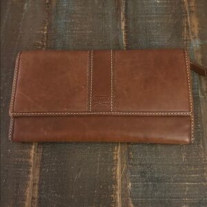 Vintage COACH Trifold Brown Leather Wallet Turquoise Interior